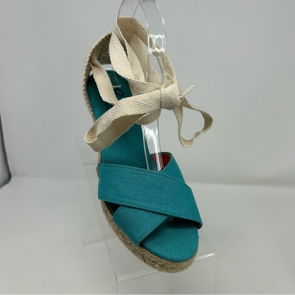Pinaz Made in Spain Turquoise Blue & White Lace Up Espadrille Wedges Size 38 - Picture 2 of 15
